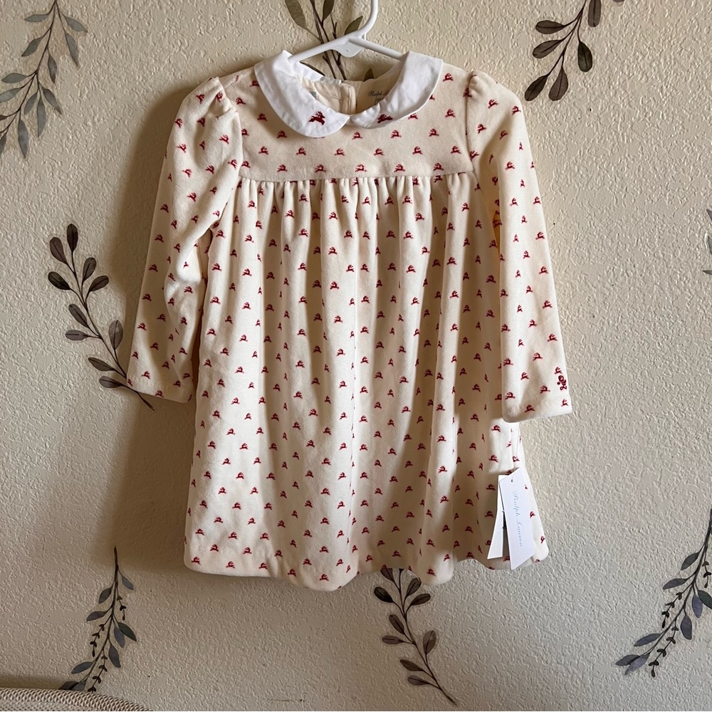 NWT Ralph Lauren Baby Velour Dress with Red Reindeer Print
